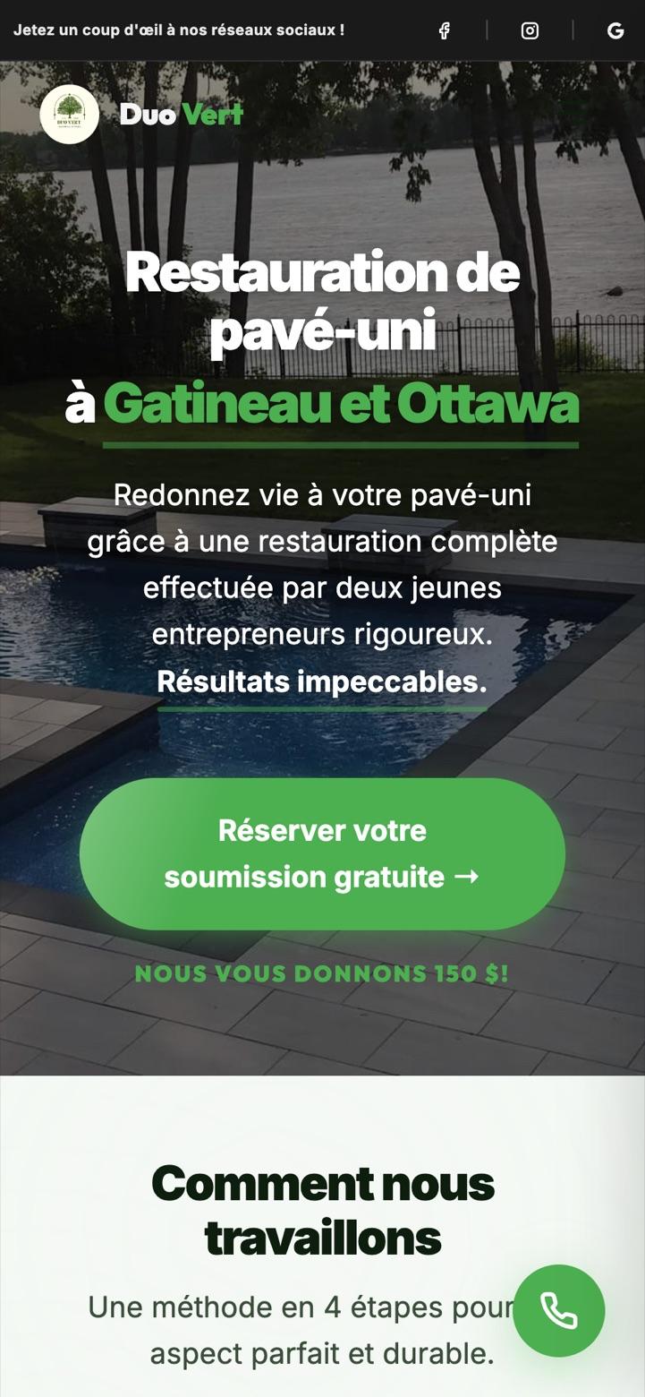 La page d'accueil française de duovert.ca sur un téléphone