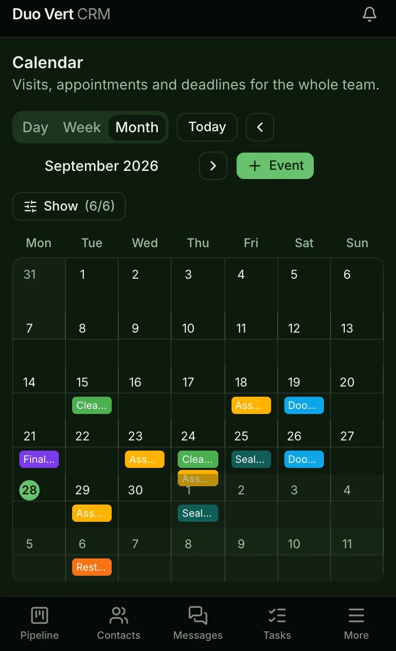 The team calendar on a phone: the month, with each visit and job on its day.