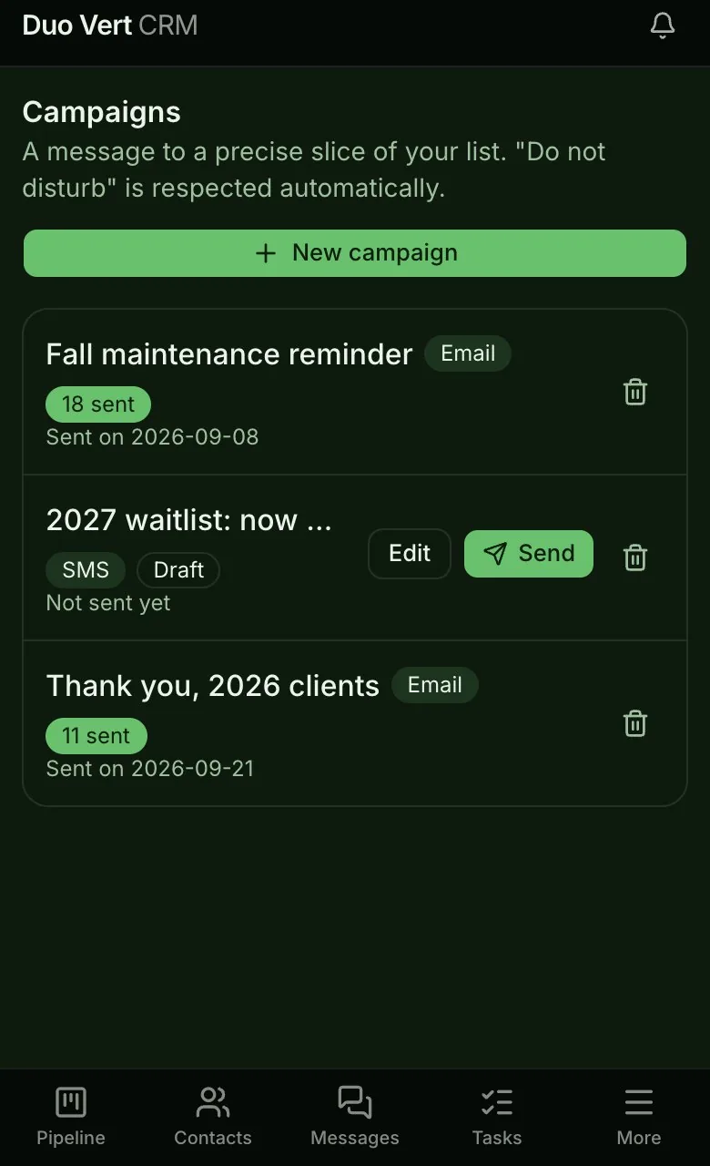 Campaigns on a phone: email and text messages to a slice of the client list, sent or in draft.