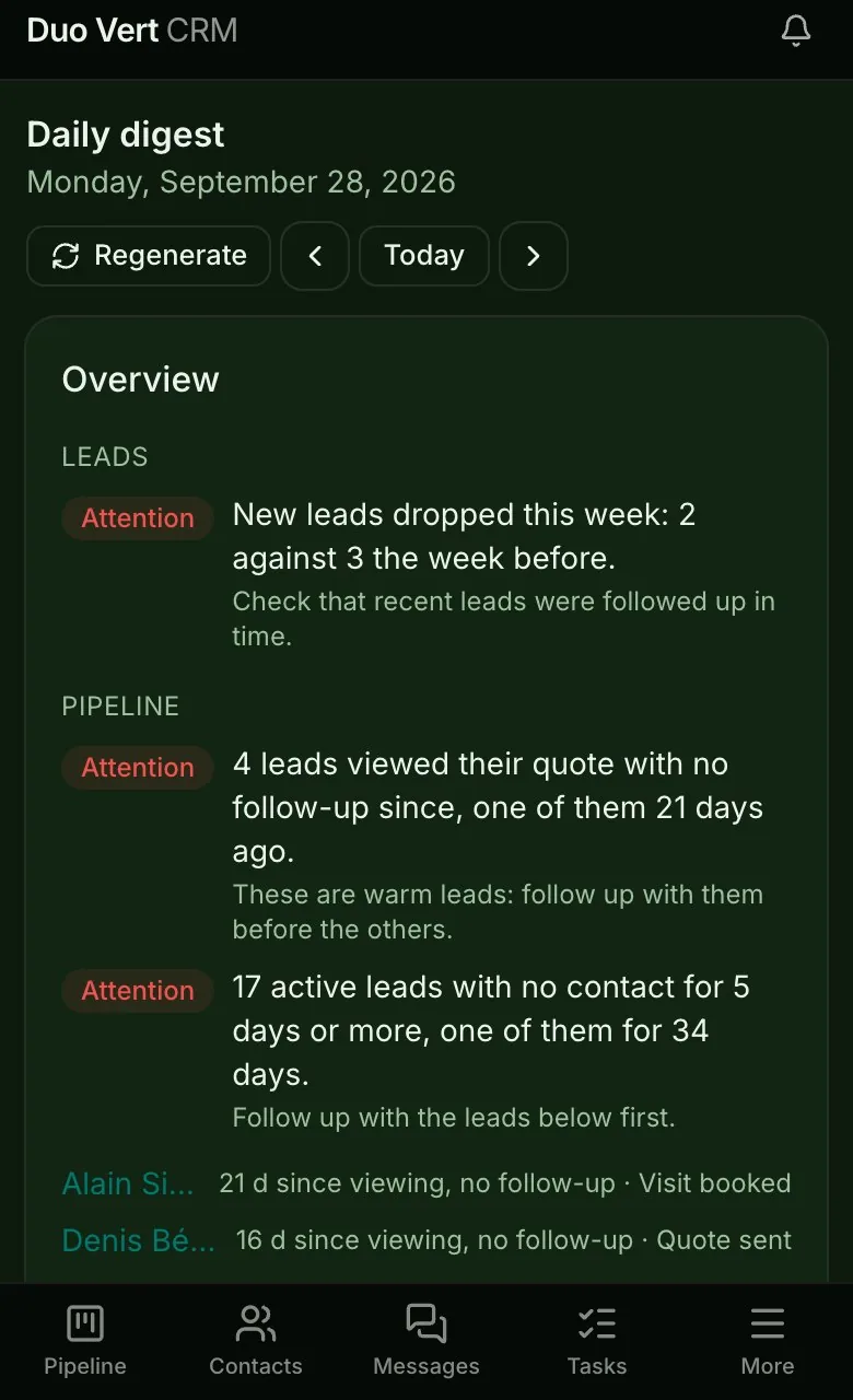 The daily digest on a phone: what needs attention, warm leads to call first and leads that have gone quiet.