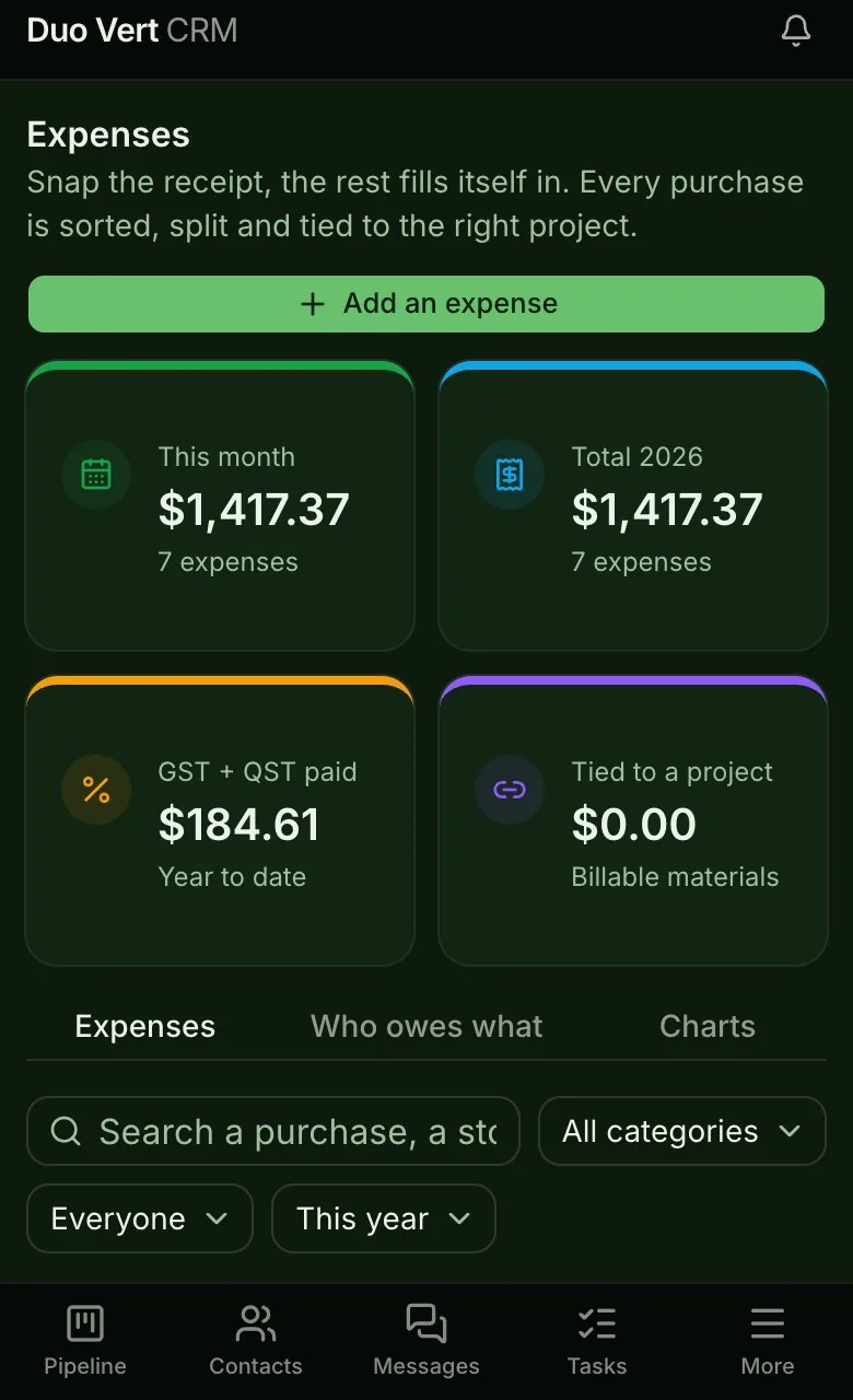 Expenses on a phone, read from receipt photos: totals for the month and the year, and the taxes paid.