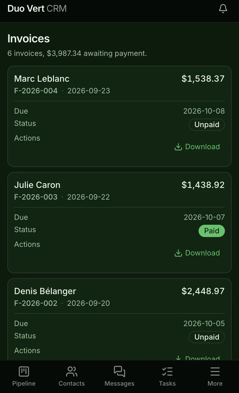 Invoices on a phone: number, client, date, due date, total, and paid or unpaid.