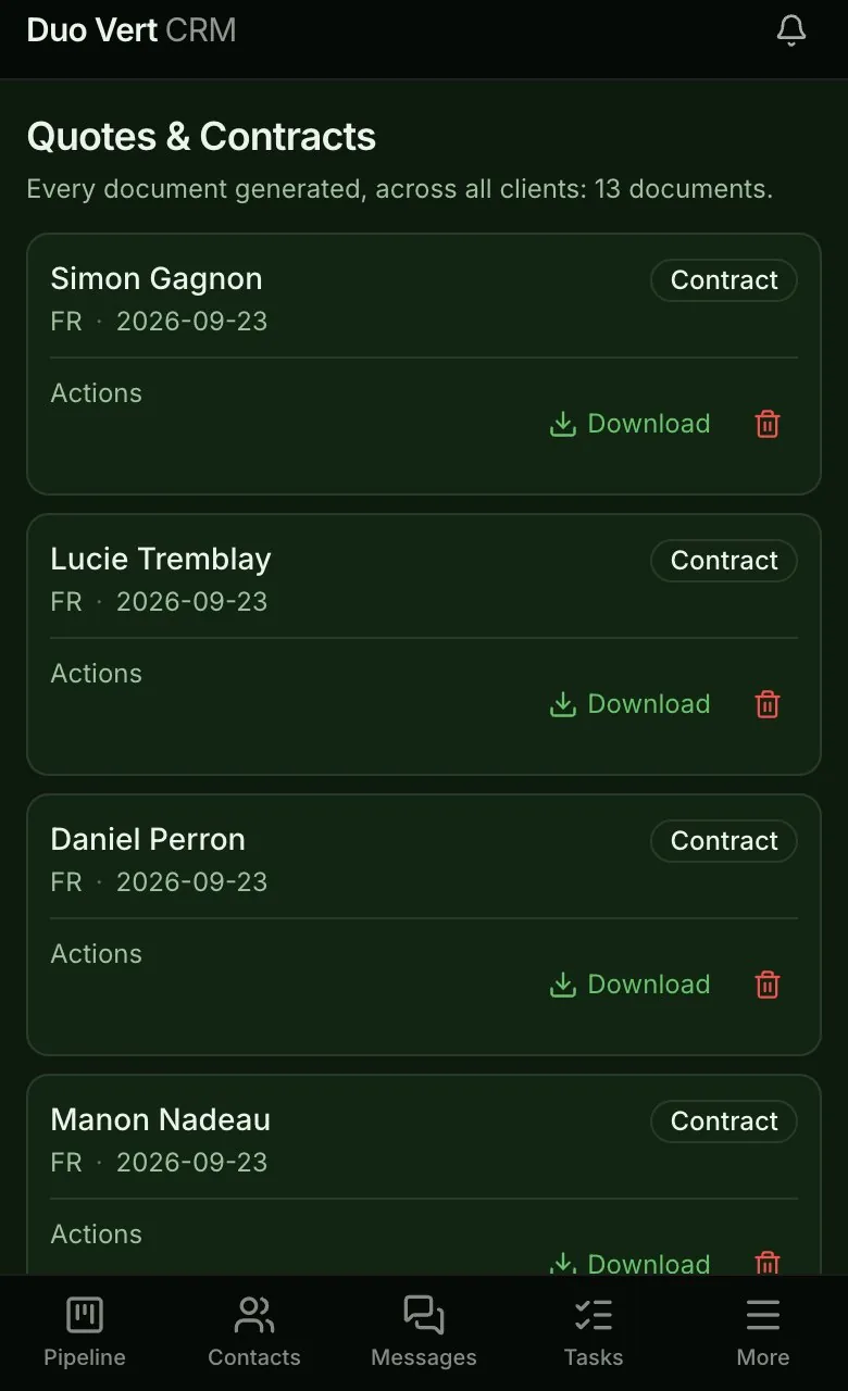 Quotes and contracts on a phone: each document by client and date, ready to download.