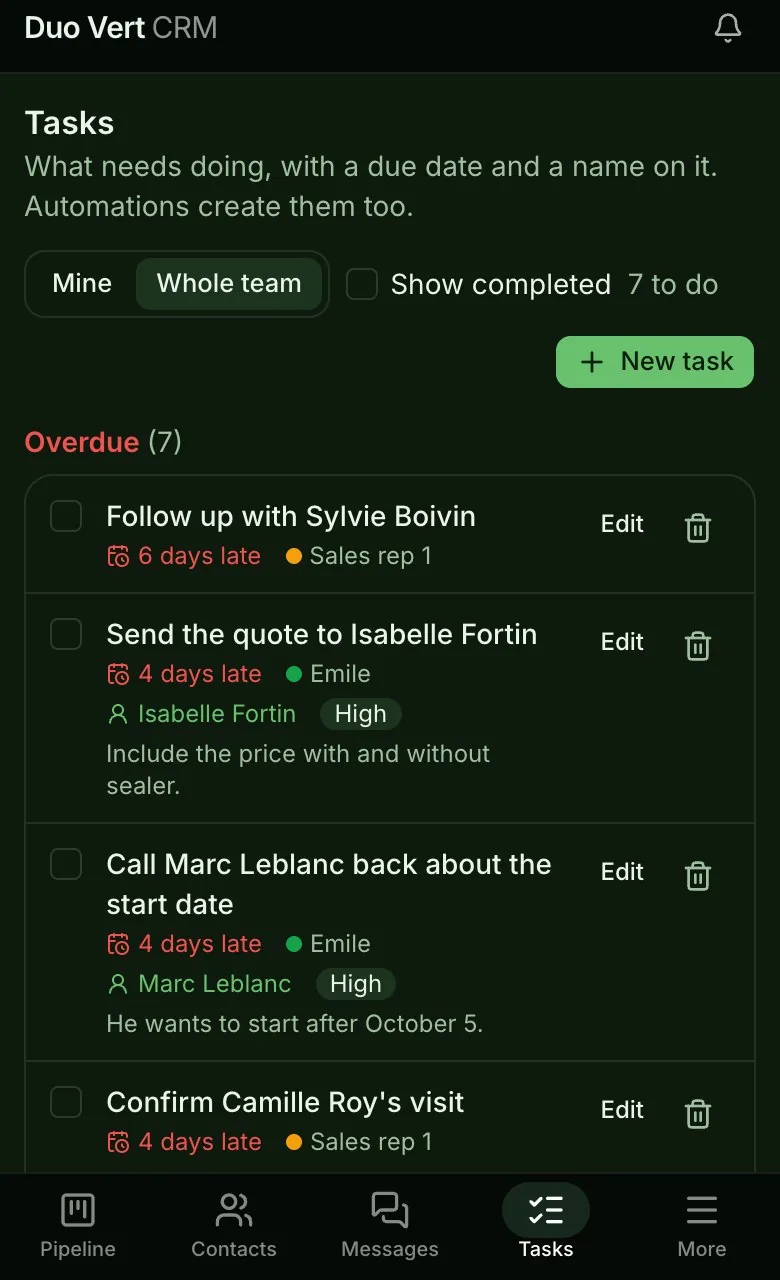 The team's tasks on a phone: overdue first, each with a due date, a person, a client and a priority.