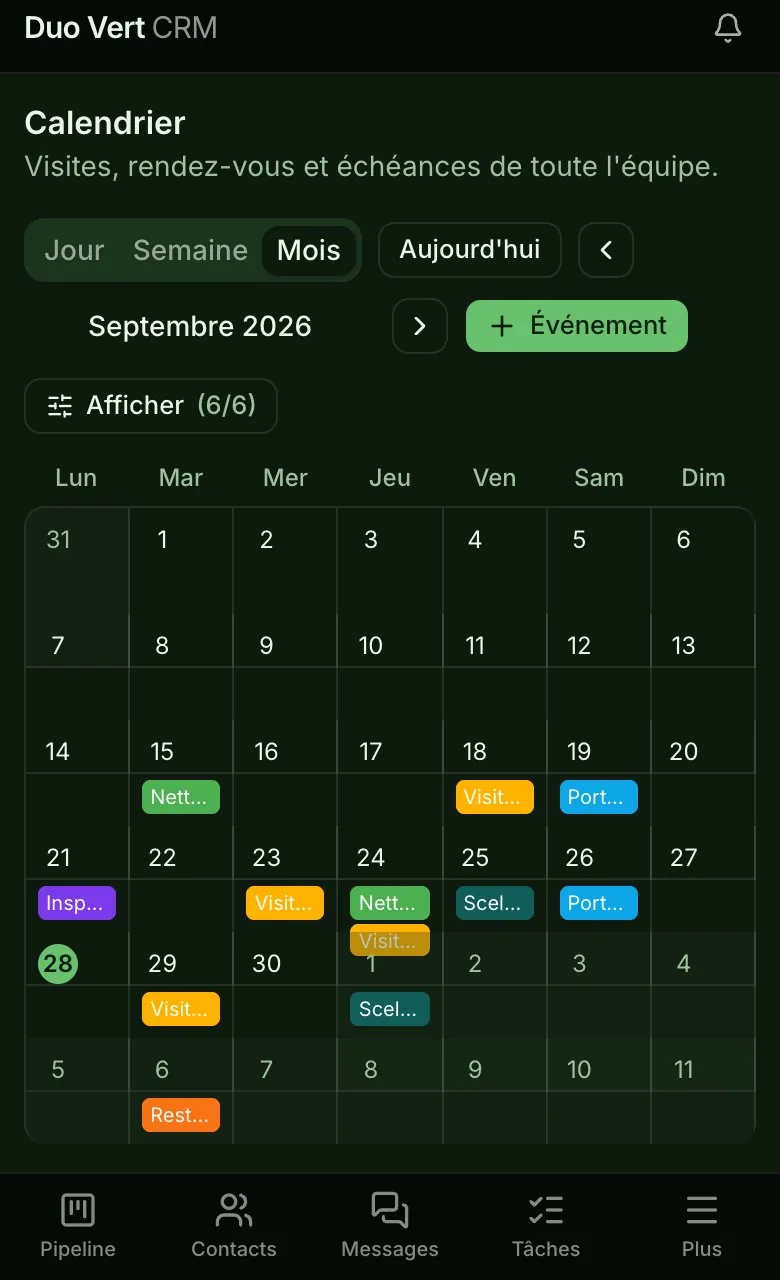 Le calendrier de l'équipe sur un téléphone : le mois, avec chaque visite et chaque travail à sa date.