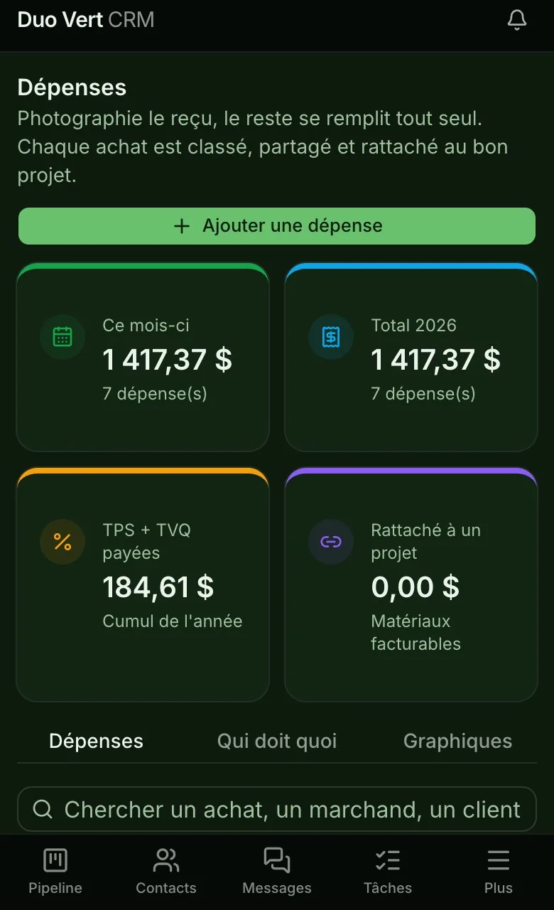 Les dépenses sur un téléphone, lues à partir de photos de reçus : totaux du mois et de l'année, et les taxes payées.