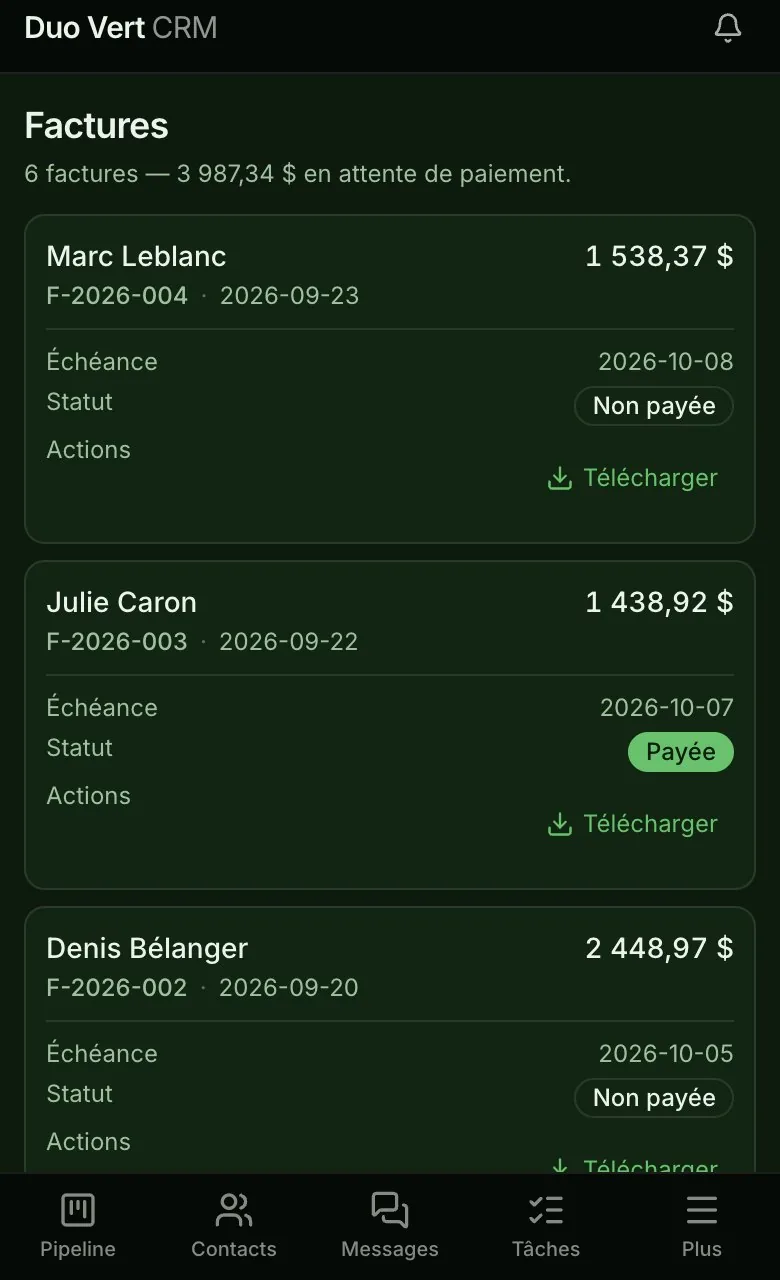 Les factures sur un téléphone : numéro, client, date, échéance, total, payée ou non.