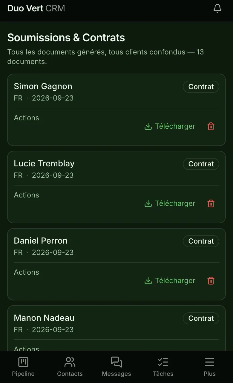 Les soumissions et les contrats sur un téléphone : chaque document par client et par date, prêt à télécharger.